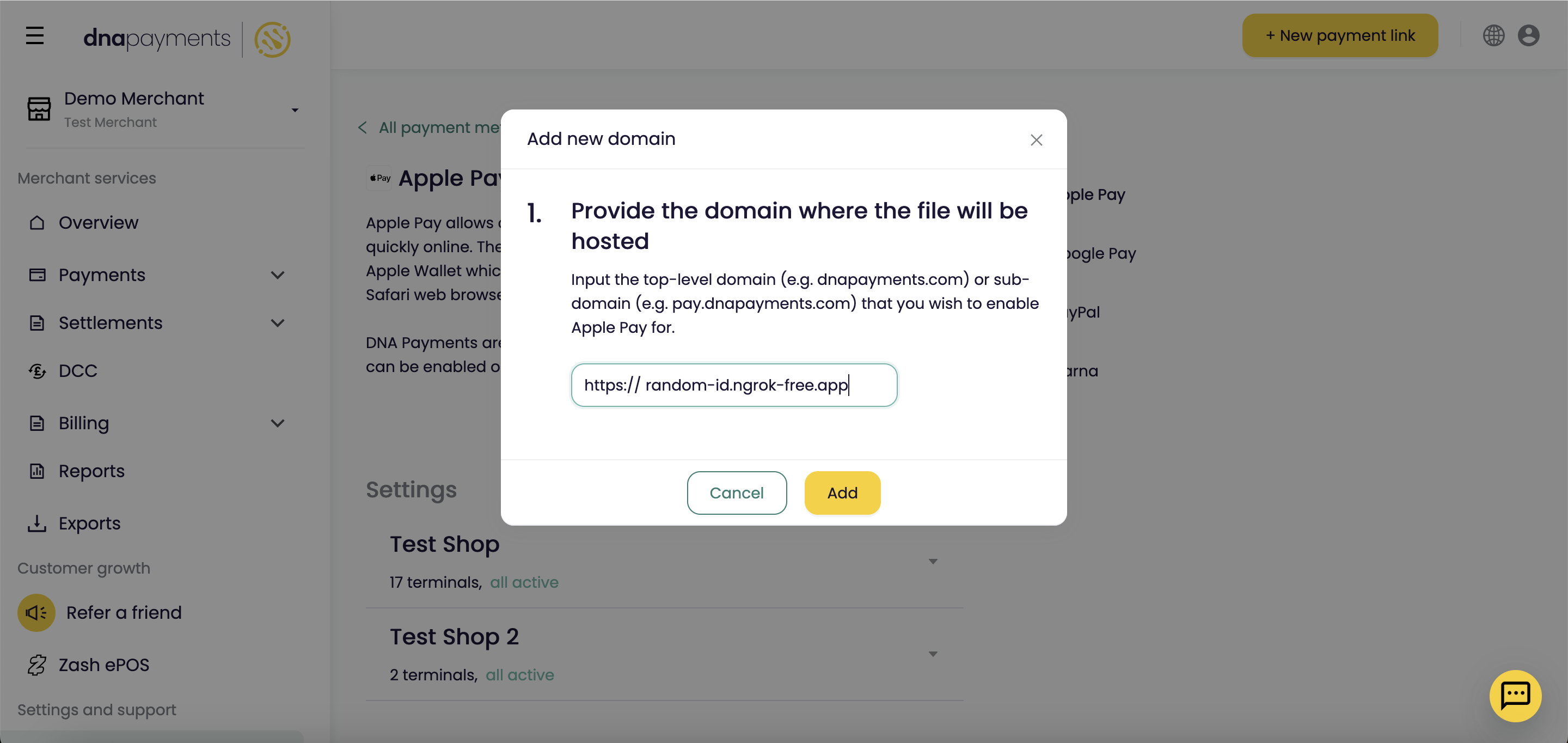 Add new domain dialog in test-portal